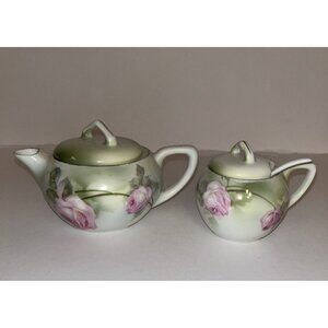 vintage rs prussia hand painted roses porcelain covered cream & sugar with spoon